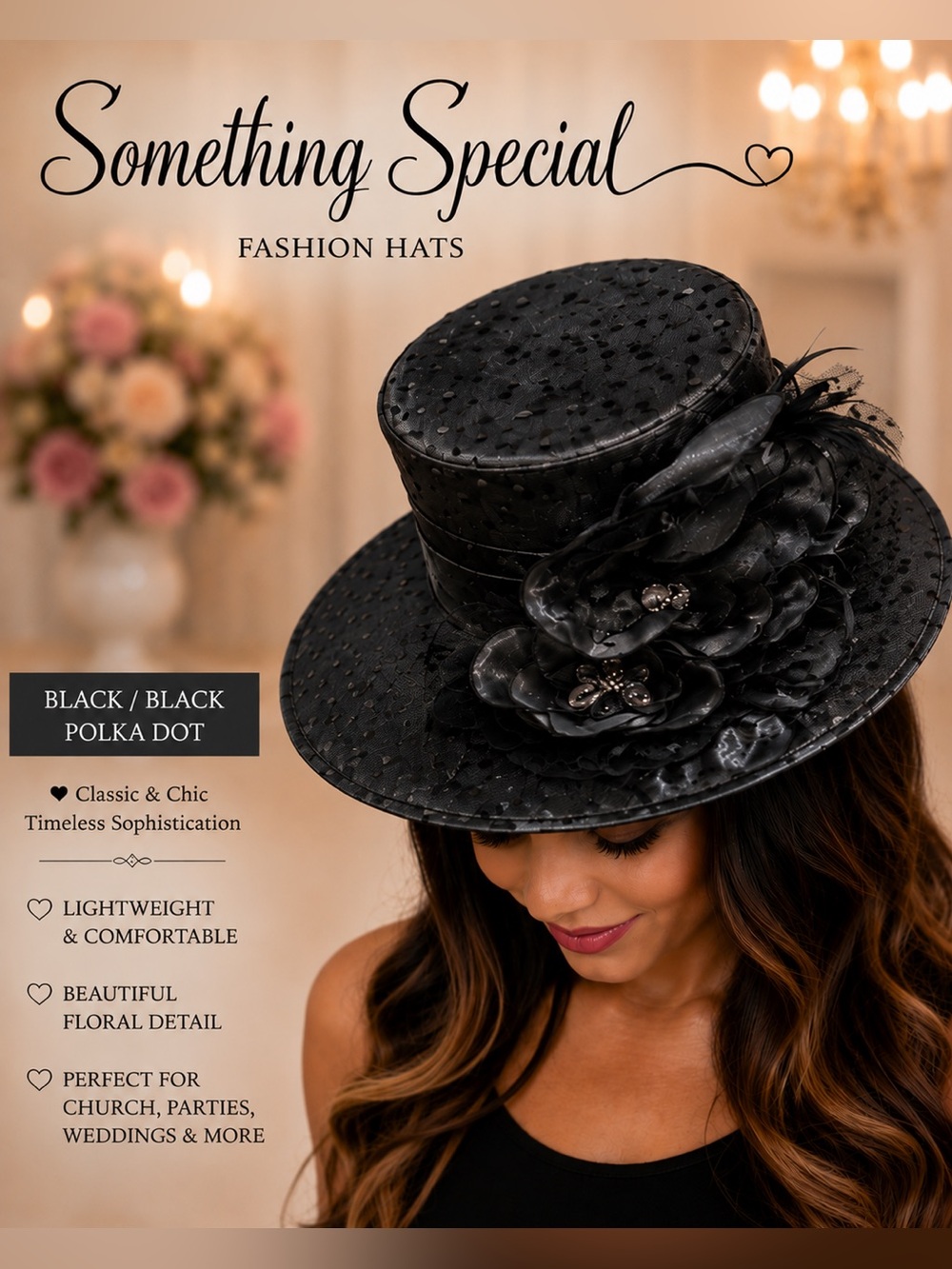NWOT Something Special Women’s Black Fashion Tea Hats with Polka Dot